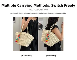 Detail of woven straw tote bag featuring colorful pom-pom tassels and dual carrying ways