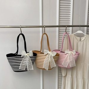 Striped Woven Tote Bag With Lace Bow And Artificial Pearl Decoration Fashionable Large Capacity Vacation Beach Handbag For Women