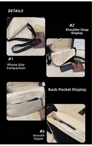 Detail view of contrast crossbody bag featuring zip back pocket and phone size comparison