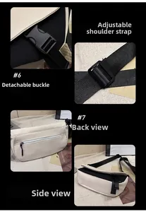 Detail of crossbody bag featuring adjustable nylon strap, buckle and back zipper pocket
