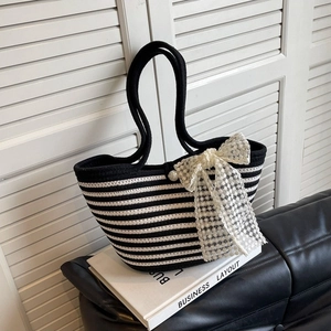 Large striped woven beach tote with lace flower bow and pearl detail for women