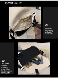 Detail view of large capacity interior with main pocket and zipper bag for iPad and phone