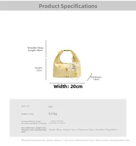 Detailed dimensions of yellow PU leather bag with pearl bow and golden hardware
