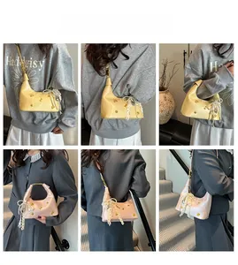 Detailed views of croissant bags with golden star studs and pearl bow charms