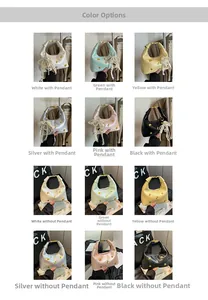 Multiple colors of women's bow tie dumpling bags with pearl lace pendants in a grid view