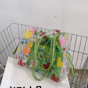 Summer transparent graffiti tote bag with green drawstring pouch and heart print