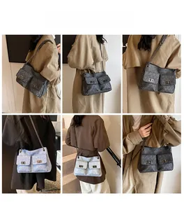 Collage of models wearing vintage quilted crossbody bags with chain straps in grey and blue