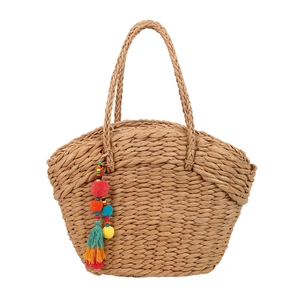 Handmade woven straw basket bag with colorful tassel charm for summer beach vacation