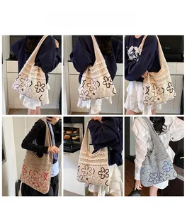 Collage of model wearing oversized handmade crochet flower tote bags in various colors