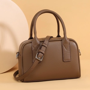 Vintage Boston Handbag PU Leather Litchi Texture Crossbody Bag With Detachable Strap For Women Trendy Small Square Bag