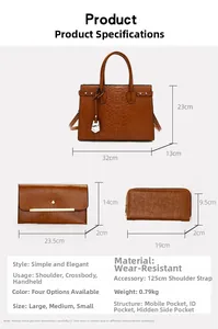 Detailed view of 3-piece brown crocodile texture handbag set with size specifications
