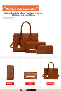 Detail view of brown crocodile texture leather handbag set with tote, pouch, and wallet