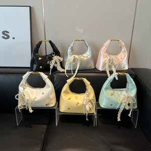 Y2K Sweet Hobo Bag Women PU Leather Dumpling Shoulder Bag With Lace Artificial Pearl Bow Pendant Metal Charms Retro Handbag