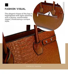 Detail of crocodile pattern handbag showing smooth metal zipper and back pocket texture