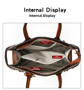 Internal view of the vintage brown leather tote bag with functional zipper compartments