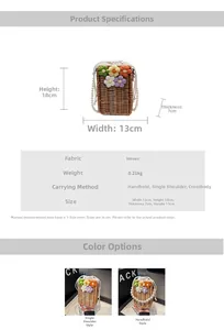 Tableau de tailles pour sac seau en paille avec fleurs et anse en perles de luxe