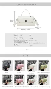 Detailed spec chart of PU leather handbag showing dimensions, weight, and strap length
