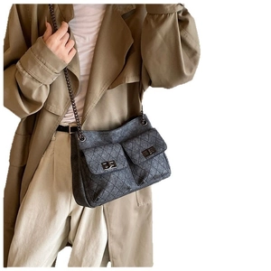 Retro charcoal grey quilted crossbody bag with dual pockets and metal chain strap