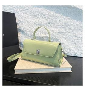 Detail of pistachio green leather handbag with silver metal buckle and top handle