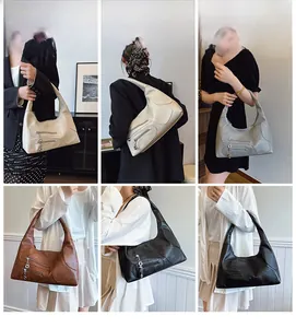 Collage of model carrying various colors of large nylon tote bags in beige, gray, and black