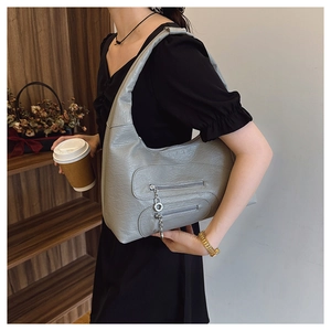 Detailed view of casual gray shoulder bag with double zippers for daily commute usage