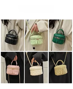 Mini quilted crossbody bags shown in six colors with chain straps and top handles