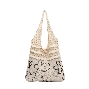 Chic knit tote bag with brown flower pattern and hollow crochet design for summer
