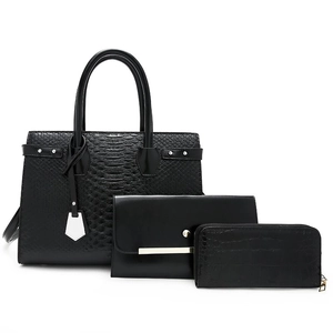 Black 3-piece bag set with tote, crossbody, and wallet in textured faux leather