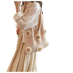 Summer woven tote bag with 3D flower decorations and wide shoulder strap in apricot