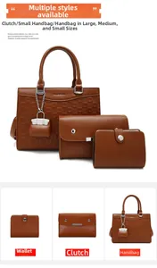 Three-piece brown faux leather handbag set featuring geometric embossing and metal hardware