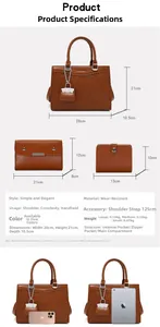 Three-piece brown retro tote bag set with geometric texture and detailed size dimensions