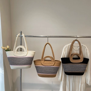 Sac Fourre-tout Tissé Bohème Pour Femmes Grande Capacité Corde De Coton Bloc De Couleur Sac À Bandoulière Décontracté Voyage