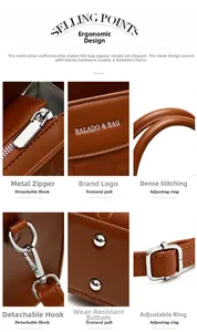 Detail view of brown leather handbag featuring quality hardware and precise stitching