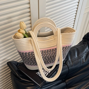 Sac fourre-tout tissé contrasté en corde de coton, grande capacité pour l'épaule et la main