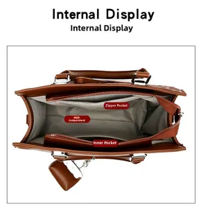 Internal view of brown leather tote bag with zip pocket and textile lining