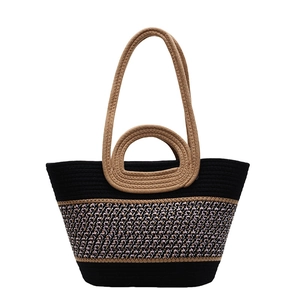 Sac cabas tissé de couleur contrastée avec poignées rondes et bandoulière amovible