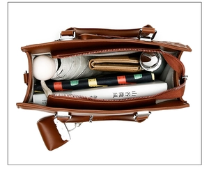 Top view of brown tote bag interior showing spacious capacity for books and accessories