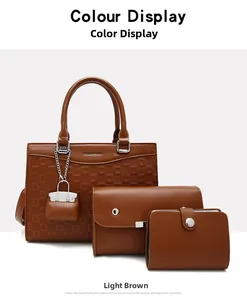 Detailed set of brown faux leather tote, flap crossbody bag and wallet with checkered pattern