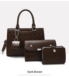 Detailed set of brown faux leather bags including tote with lock charm and crossbody bag