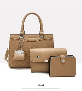 Detail view of khaki 4-piece set including checkered tote bag and matching accessories