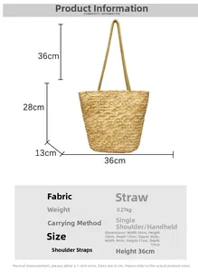Size chart for straw woven bucket tote bag with detailed product specifications