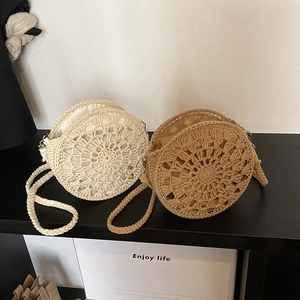 Women Round Straw Woven Crossbody Bag Hollow Out Floral Crochet Summer Beach Vacation Shoulder Purse Bohemian Style