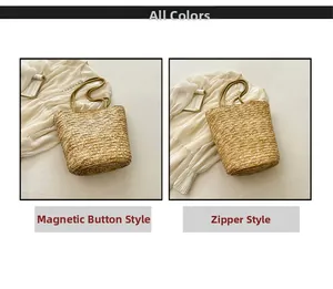 Detail view of woven straw tote bag with magnetic snap and zipper closure options