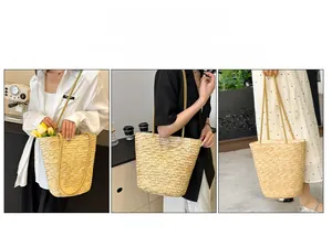 Detailed views of handwoven straw bucket bag showing crossbody, shoulder and tote styles