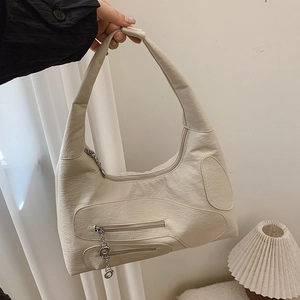 Retro cream nylon hobo bag for women with multiple zippers and chain detail