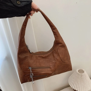 Retro dark brown large nylon shoulder bag with vintage texture and chain detail