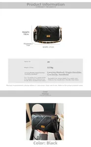 Detailed size specifications for a quilted PU shoulder bag with gold chain strap