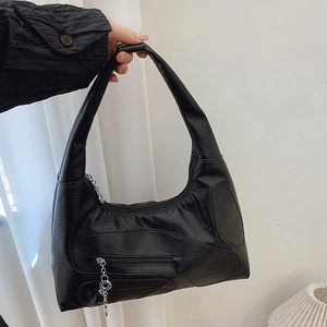 2025 vintage black pleated nylon tote bag with silver chain accessory for women
