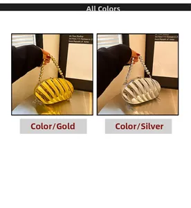 Detailed comparison of metallic acrylic evening bags in gold and silver with pearl handles