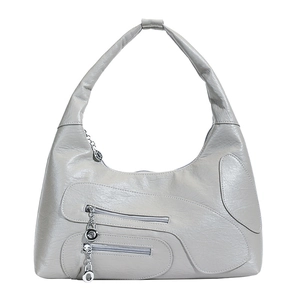 Minimalist light grey pebbled nylon hobo bag with dual functional silver zippers